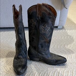 Floral Embroidered Black Leather Cowboy Boots